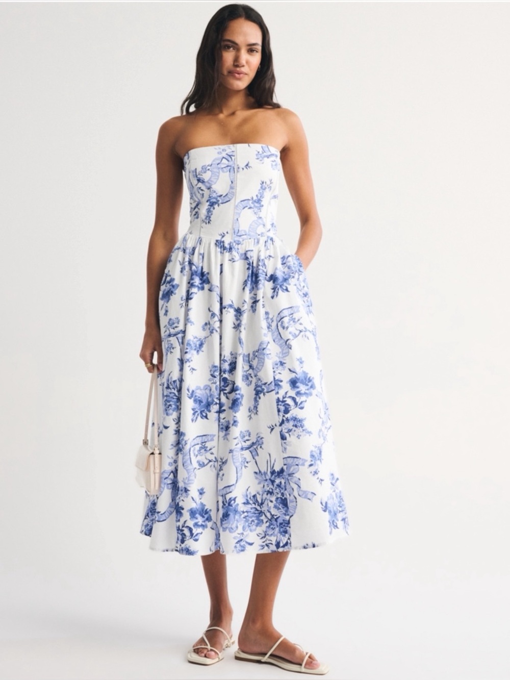 New Abercrombie & Fitch White Strapless Midi Dress with Blue Floral Print Sz S